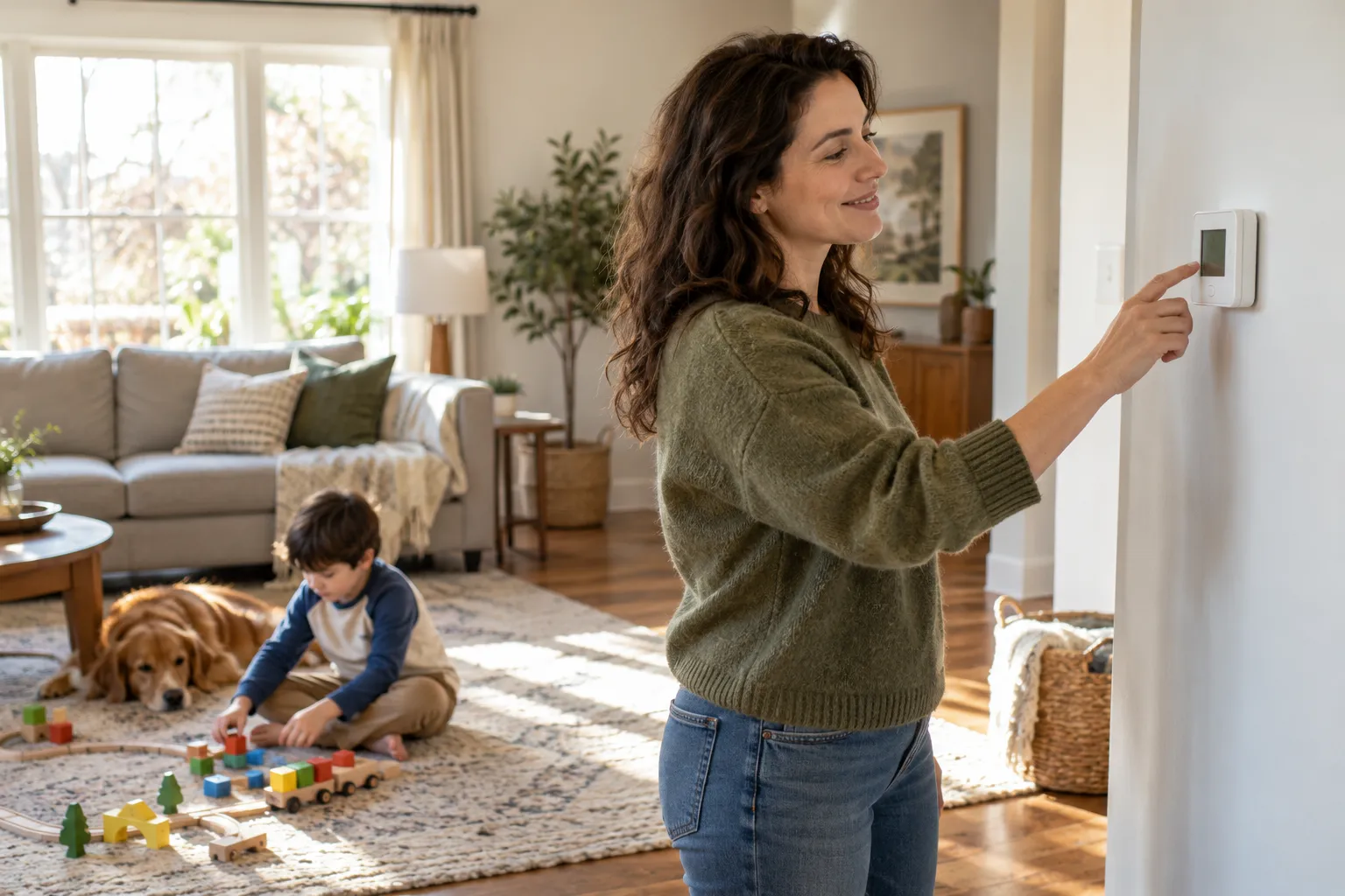 A homeowner adjusting a thermostat in a comfortable living room in the Whittier area